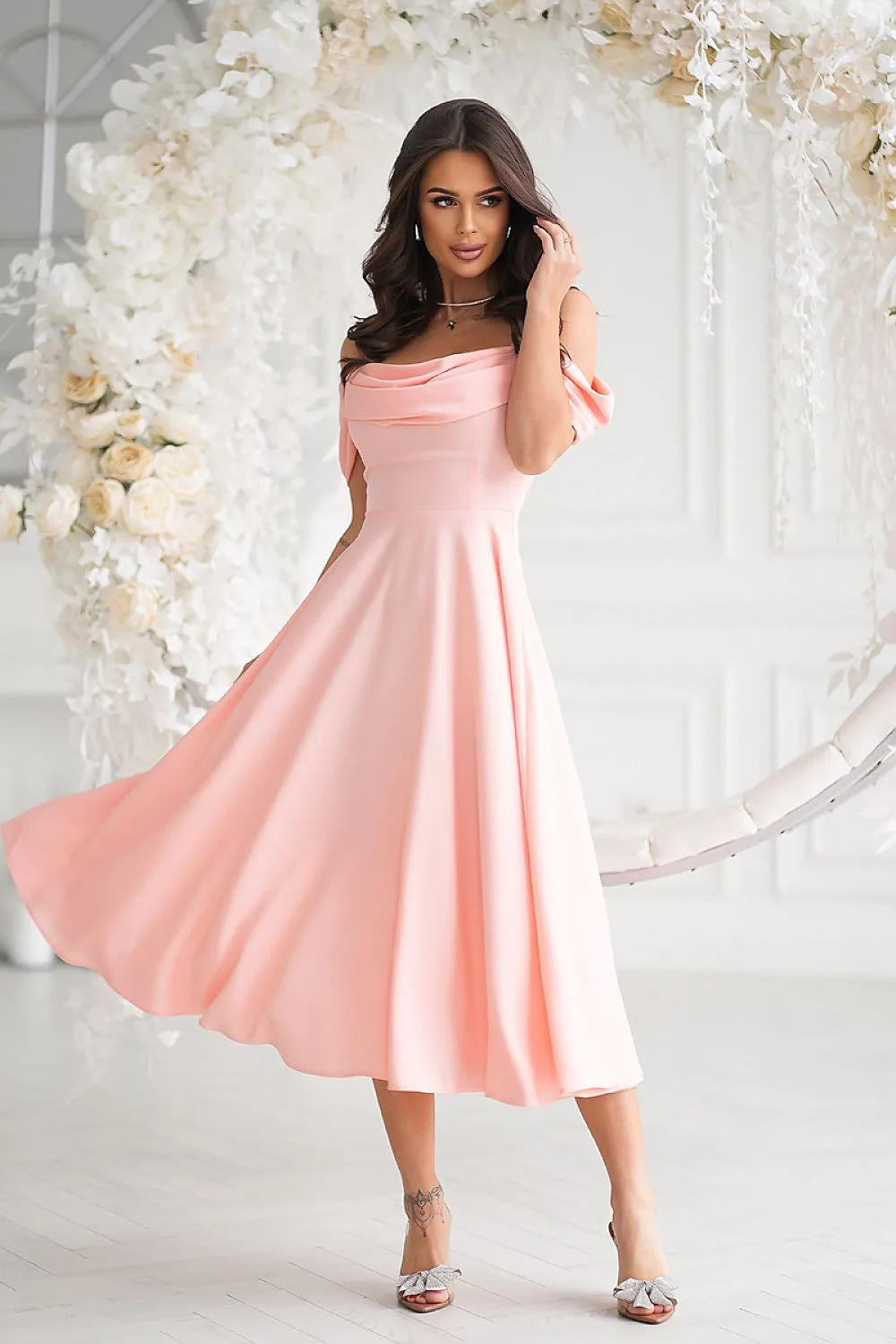 Draped top with dropped sleeves evening dress