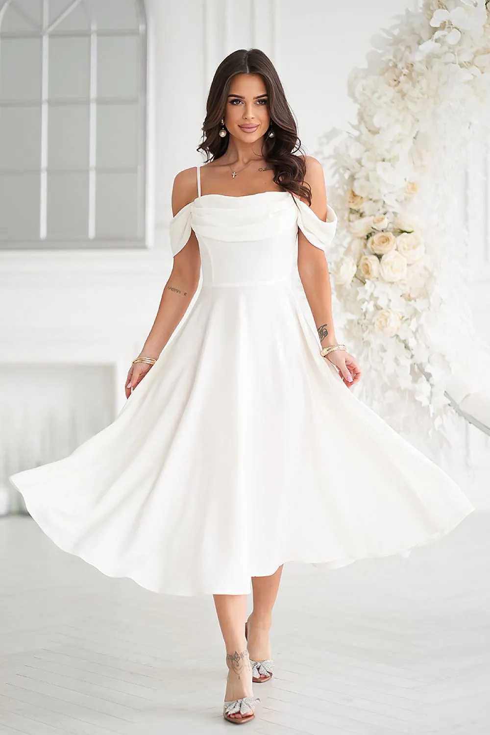 Draped top with dropped sleeves evening dress