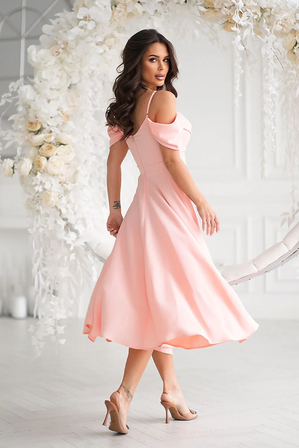 Draped top with dropped sleeves evening dress