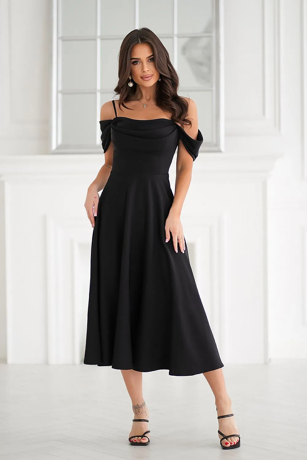Draped top with dropped sleeves evening dress