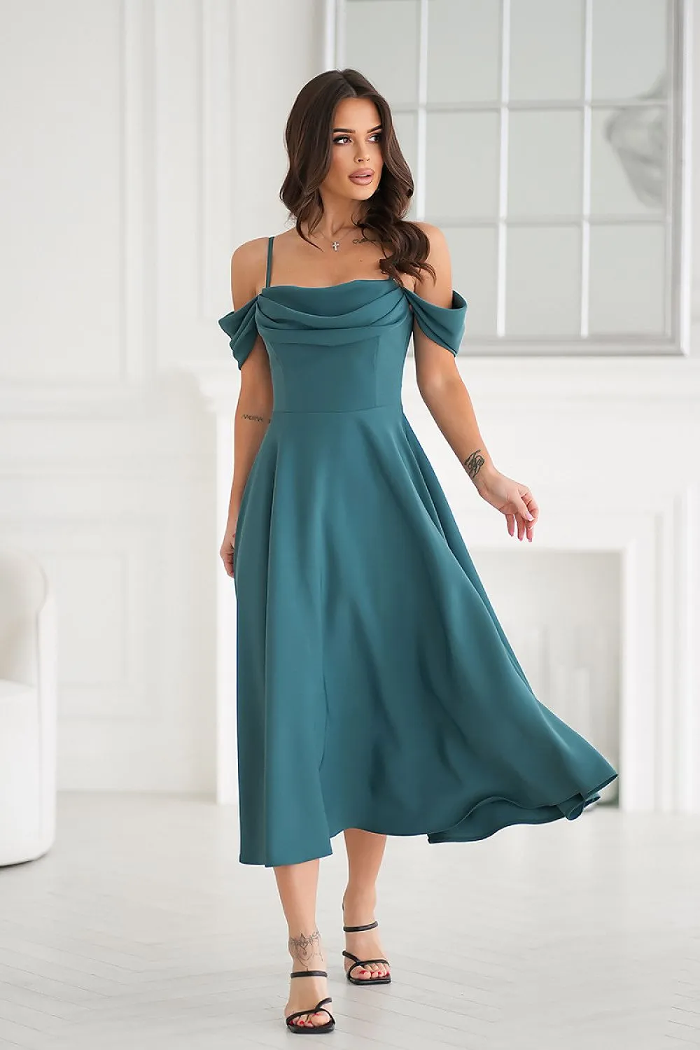 Draped top with dropped sleeves evening dress