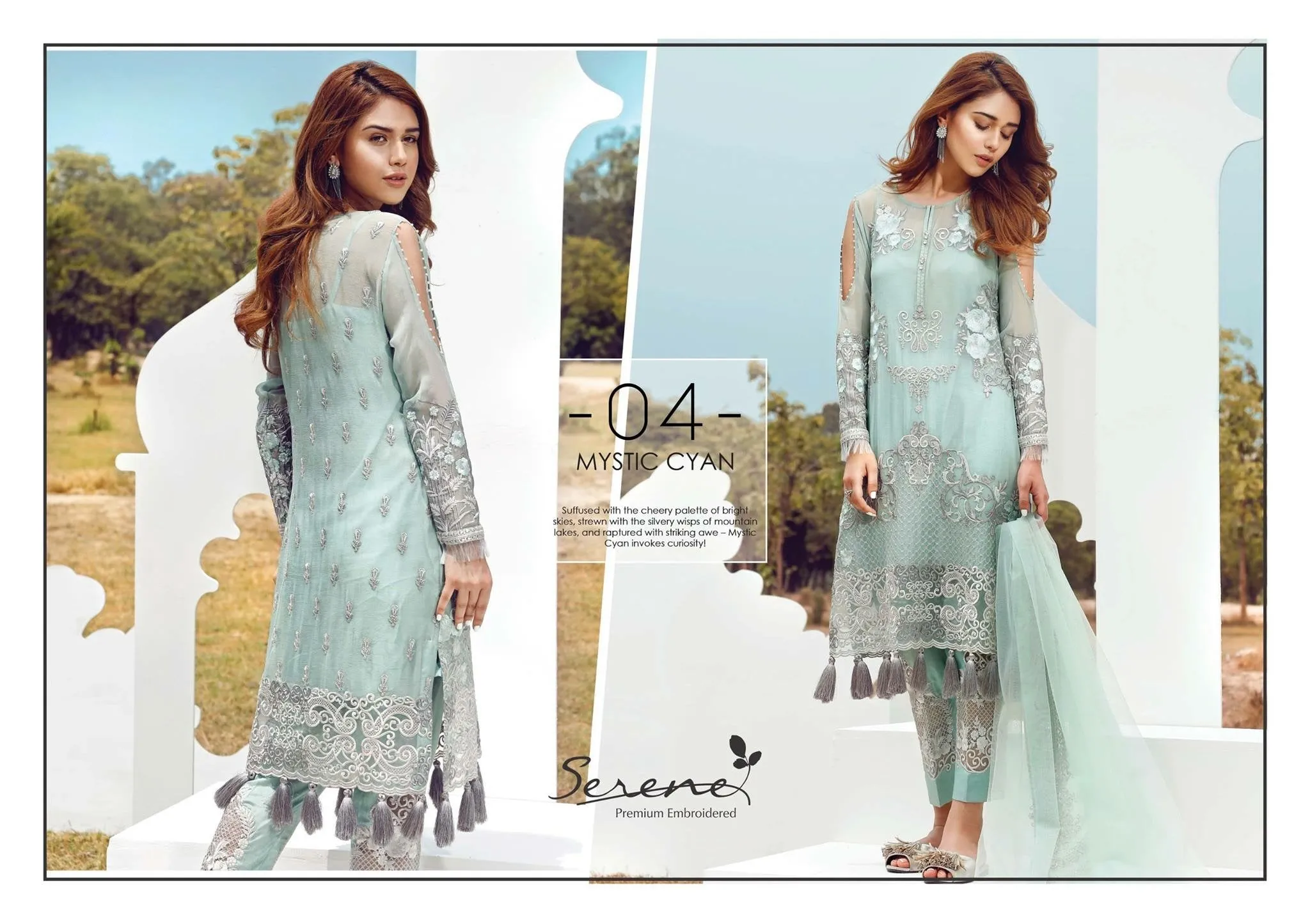 Dress by sareen in light turquoise color with threds embroidery and tila work Model # C 550
