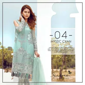 Dress by sareen in light turquoise color with threds embroidery and tila work Model # C 550