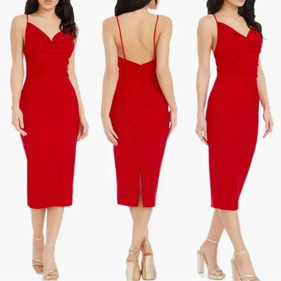 DRESS THE POPULATION Nikki Cowl Neck Cocktail Midi Rouge Red Dress Size S NWOT