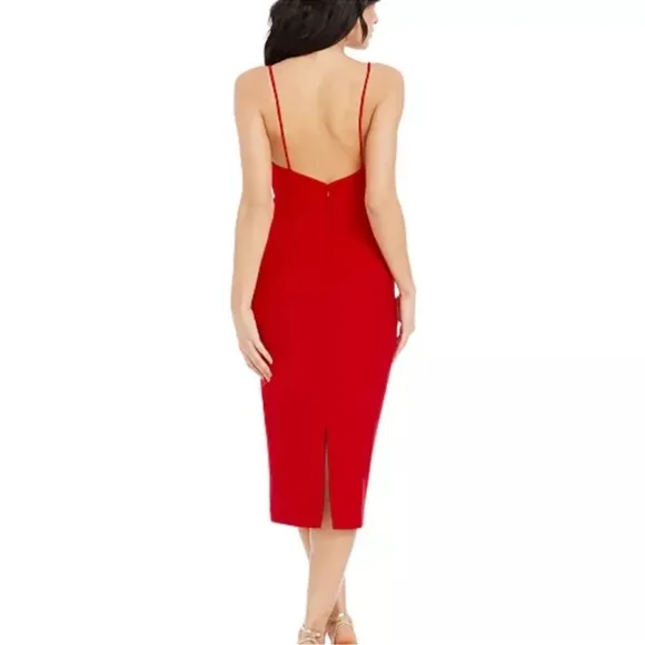 DRESS THE POPULATION Nikki Cowl Neck Cocktail Midi Rouge Red Dress Size S NWOT