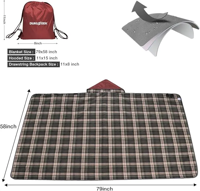 DUKUSEEK Stadium Blanket for All Weather, Waterproof Outdoor Blankets with Hood, Soft Warm Fleece Camping Blanket Windproof for Outdoor Sports, 79"x 59"