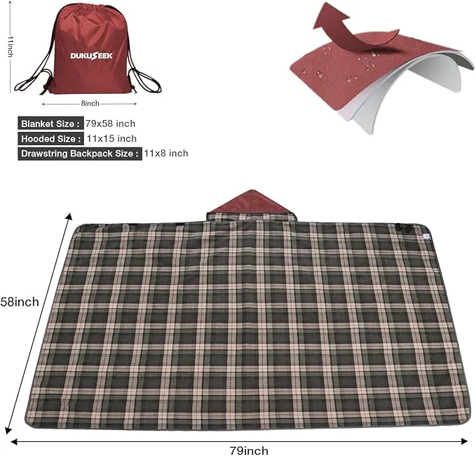 DUKUSEEK Stadium Blanket for All Weather, Waterproof Outdoor Blankets with Hood, Soft Warm Fleece Camping Blanket Windproof for Outdoor Sports, 79"x 59"