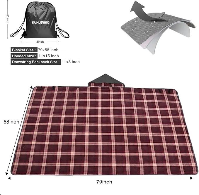 DUKUSEEK Stadium Blanket Waterproof Windproof, Outdoor Hooded Blankets for Camping, Sporting Events, Picnic and Car - Insulated Foldable Blanket and Throws, 79"x 59"