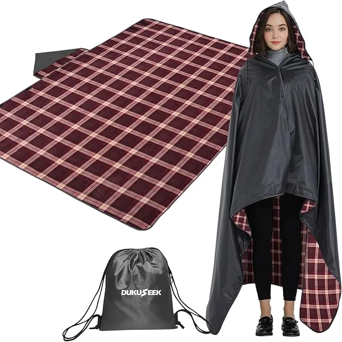 DUKUSEEK Stadium Blanket Waterproof Windproof, Outdoor Hooded Blankets for Camping, Sporting Events, Picnic and Car - Insulated Foldable Blanket and Throws, 79"x 59"