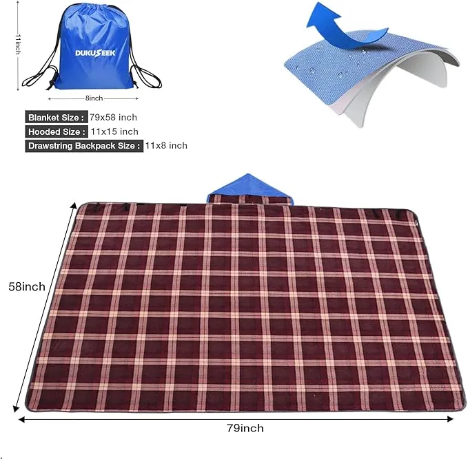 DUKUSEEK Waterproof Stadium Blanket with Hood, Wine Red Plain Waterproof Outdoor Blankets, Large 79"x 59"