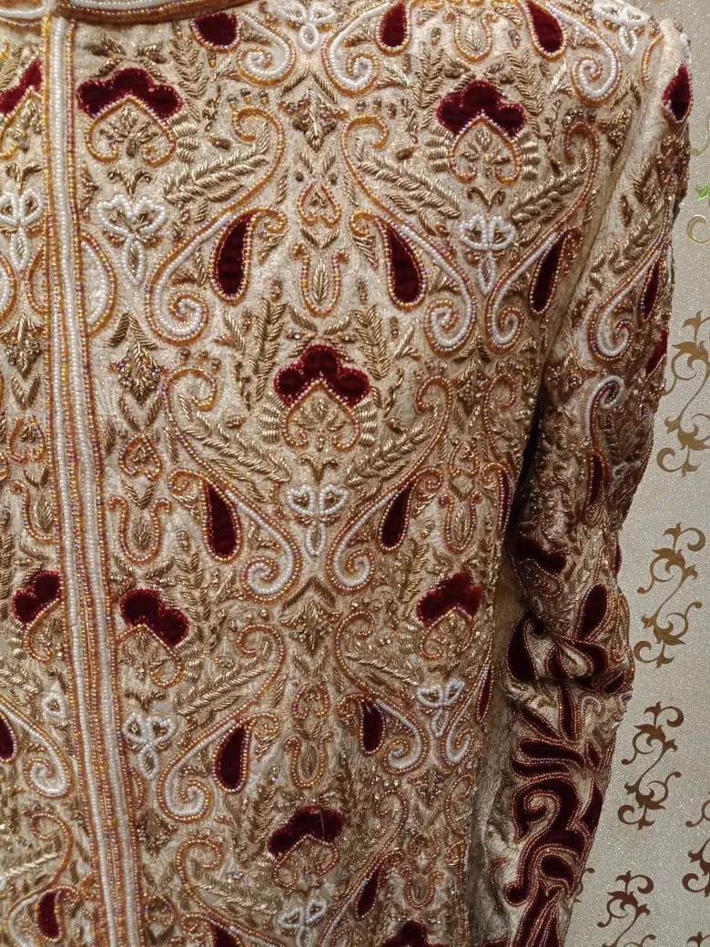 Dulha Sherwani In Offwhite Gold Color Model# Men 1739