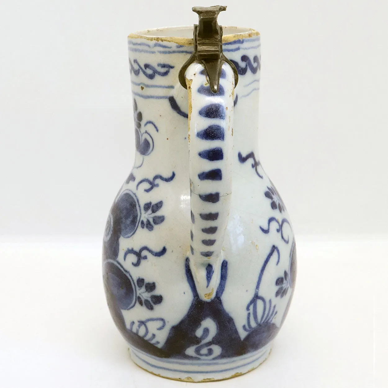 Dutch Delft Pewter Mounted Pottery Blue and White Tankard