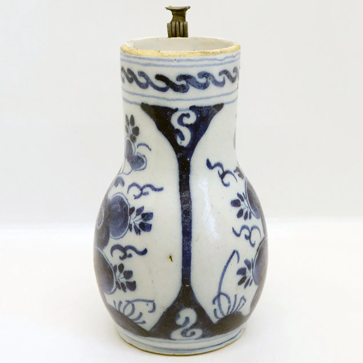 Dutch Delft Pewter Mounted Pottery Blue and White Tankard