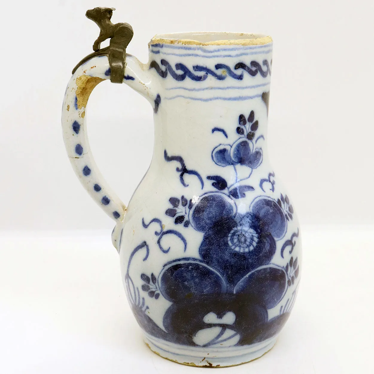 Dutch Delft Pewter Mounted Pottery Blue and White Tankard