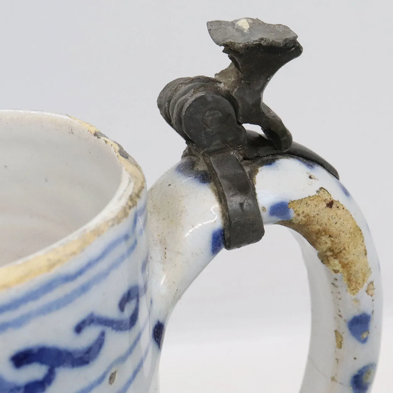 Dutch Delft Pewter Mounted Pottery Blue and White Tankard