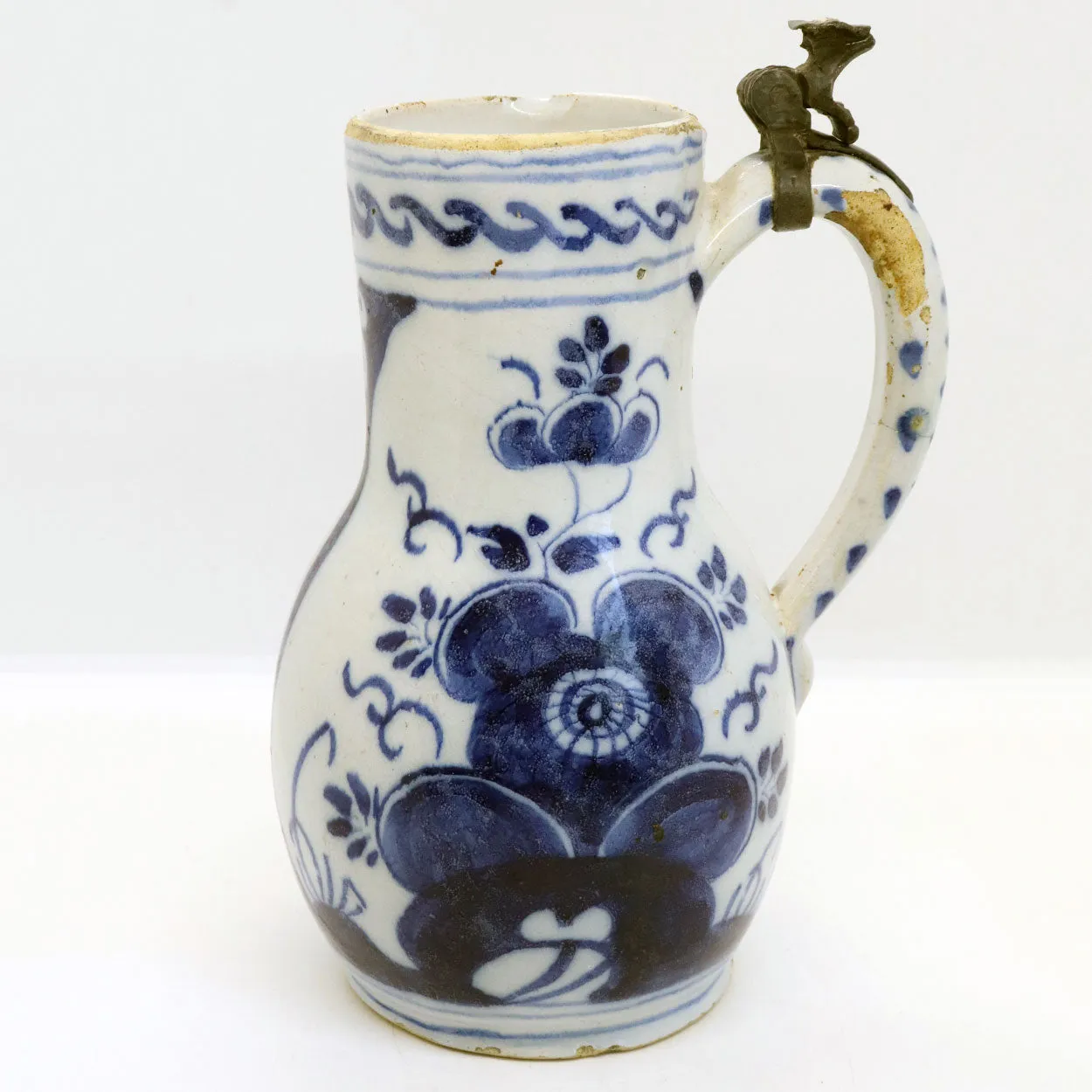 Dutch Delft Pewter Mounted Pottery Blue and White Tankard