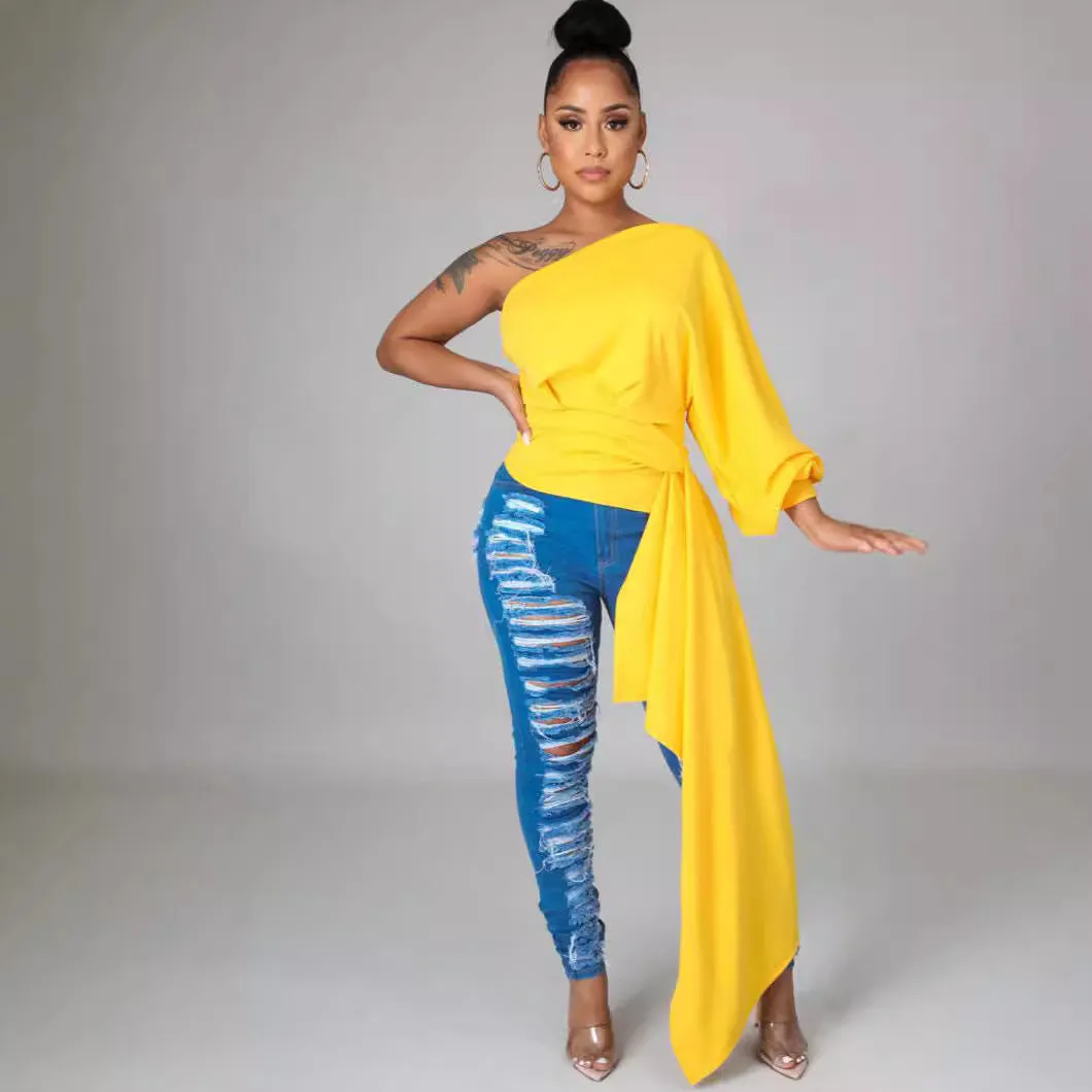 Elegant One-Shoulder Asymmetric Long Sleeve Top