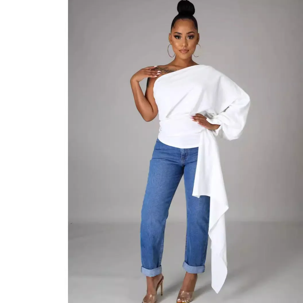 Elegant One-Shoulder Asymmetric Long Sleeve Top