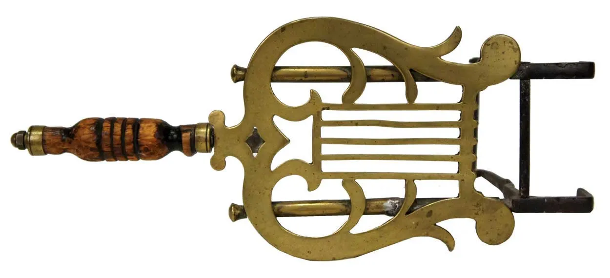 English Regency Brass, Iron and Wood Lyre-Form Hearth Trivet Kettle Stand