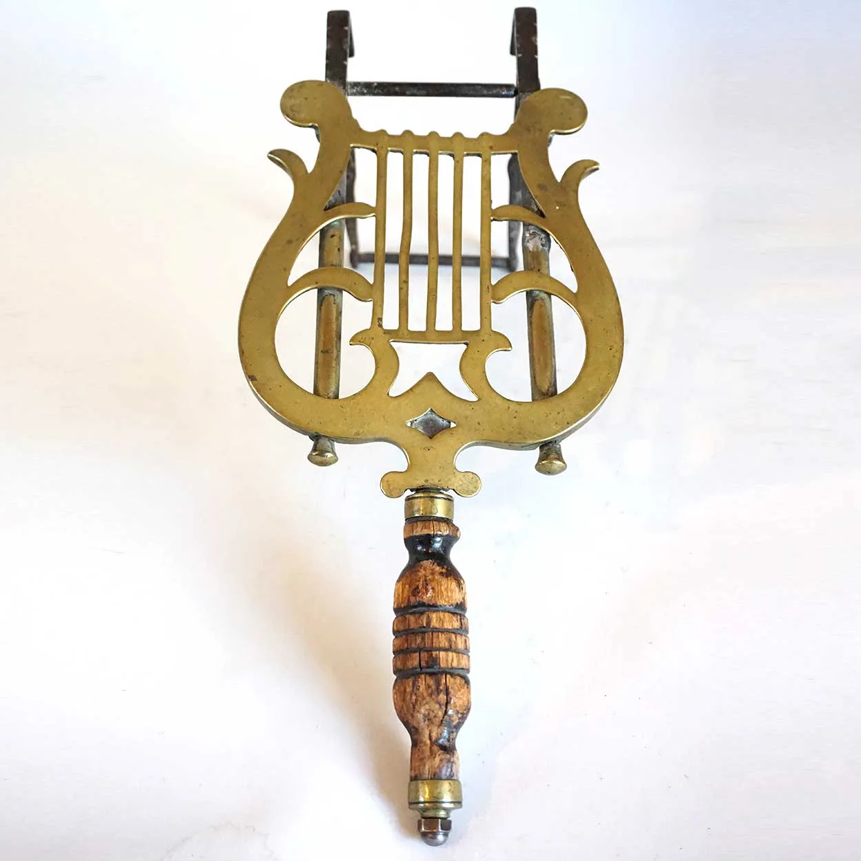 English Regency Brass, Iron and Wood Lyre-Form Hearth Trivet Kettle Stand