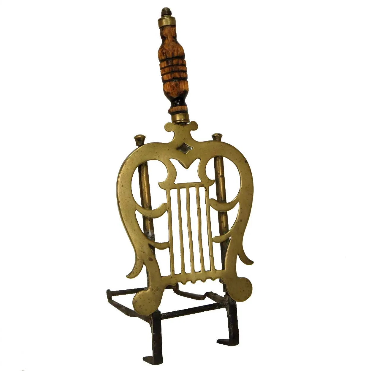 English Regency Brass, Iron and Wood Lyre-Form Hearth Trivet Kettle Stand