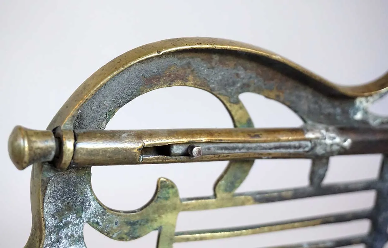 English Regency Brass, Iron and Wood Lyre-Form Hearth Trivet Kettle Stand