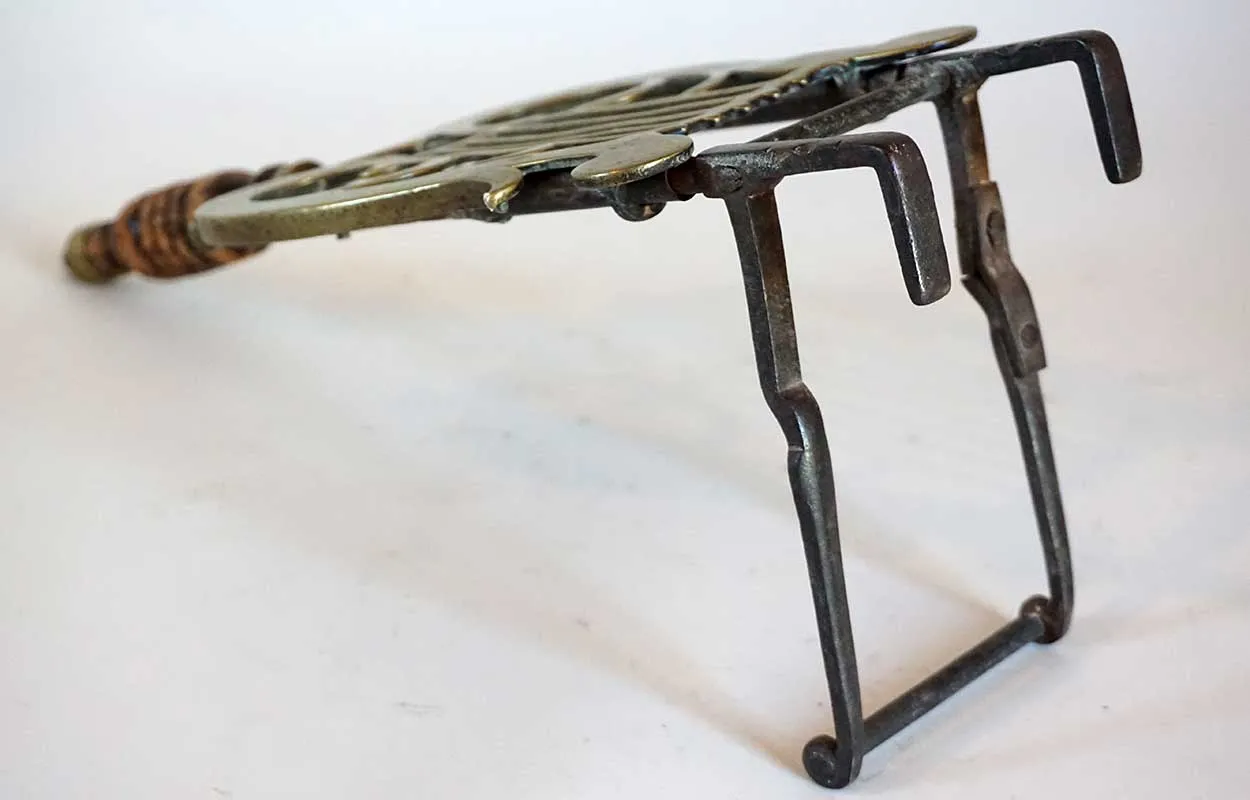 English Regency Brass, Iron and Wood Lyre-Form Hearth Trivet Kettle Stand