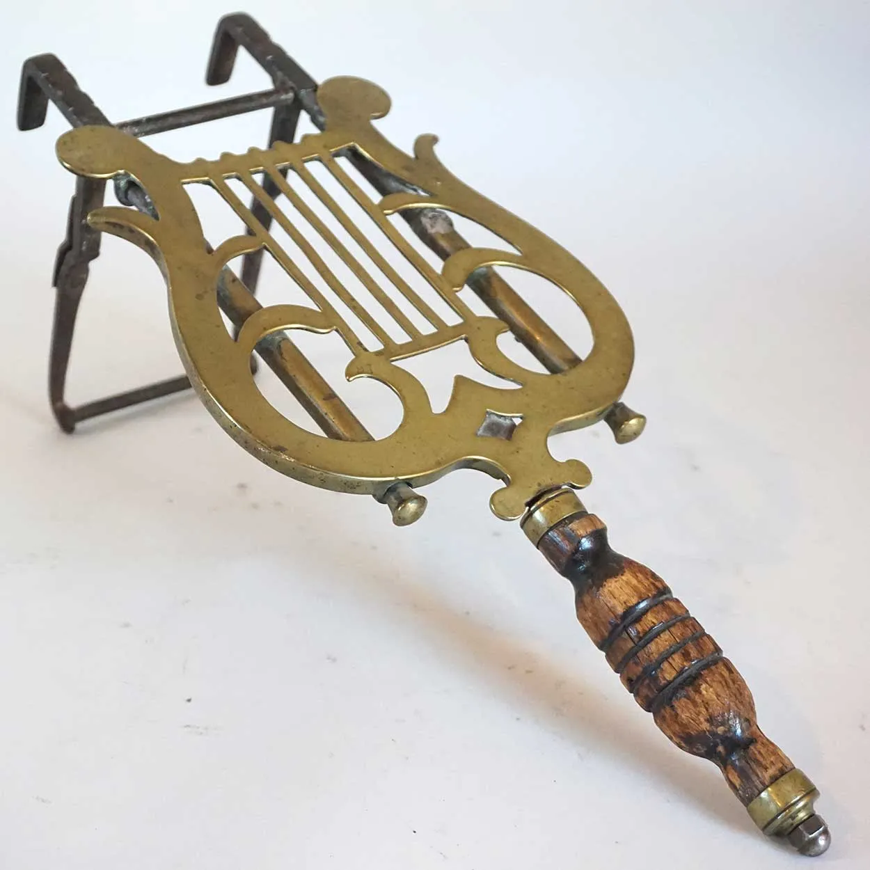 English Regency Brass, Iron and Wood Lyre-Form Hearth Trivet Kettle Stand