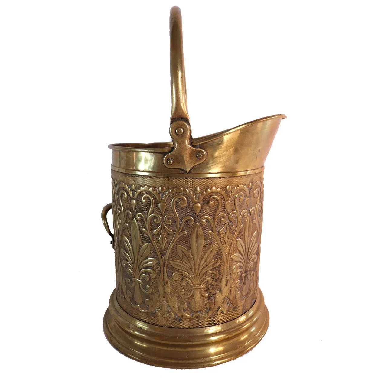English Victorian Brass Repousse Coal Hod / Fireplace Bucket
