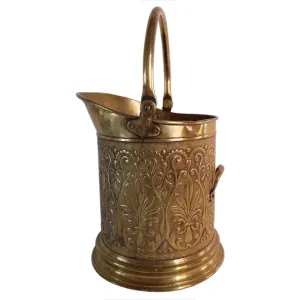 English Victorian Brass Repousse Coal Hod / Fireplace Bucket