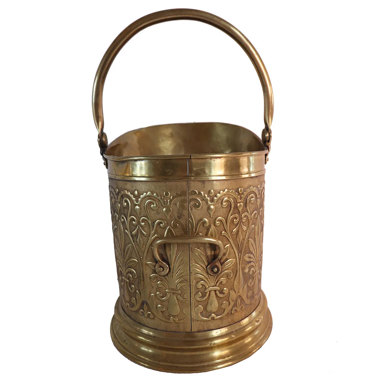 English Victorian Brass Repousse Coal Hod / Fireplace Bucket