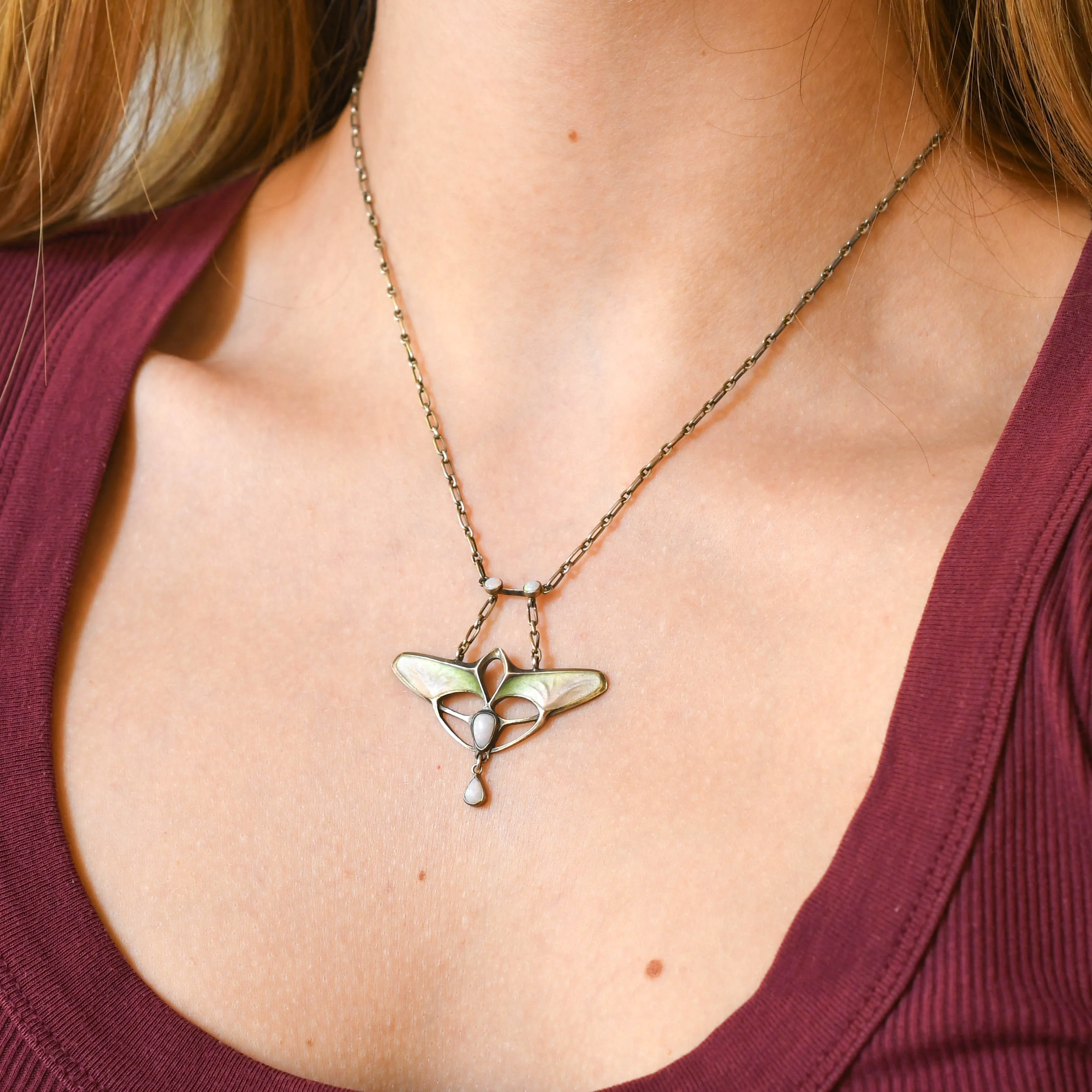 French Art Nouveau Opal & Enamel Silver Necklace