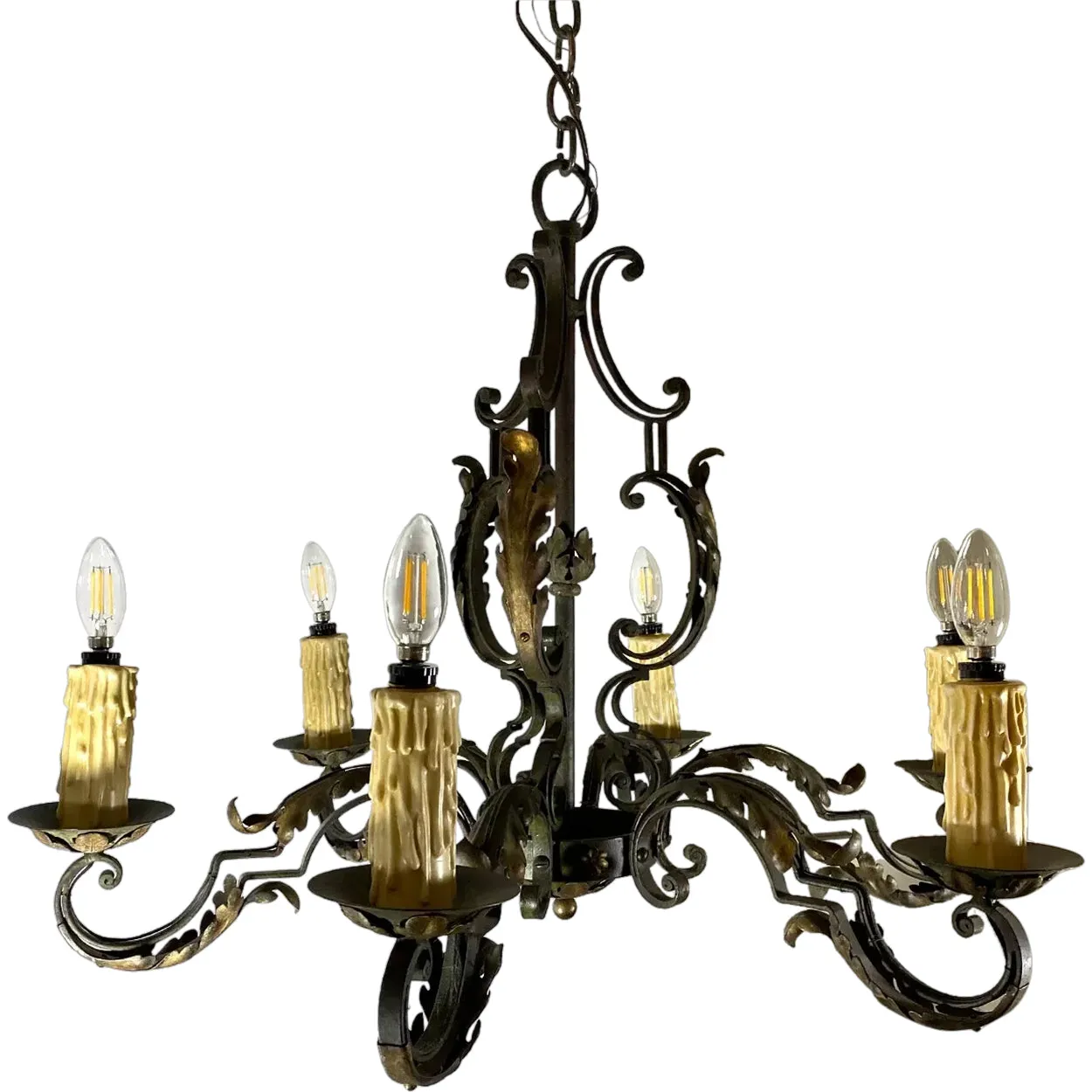 French Green Wrought Iron Six-Light Chandelier