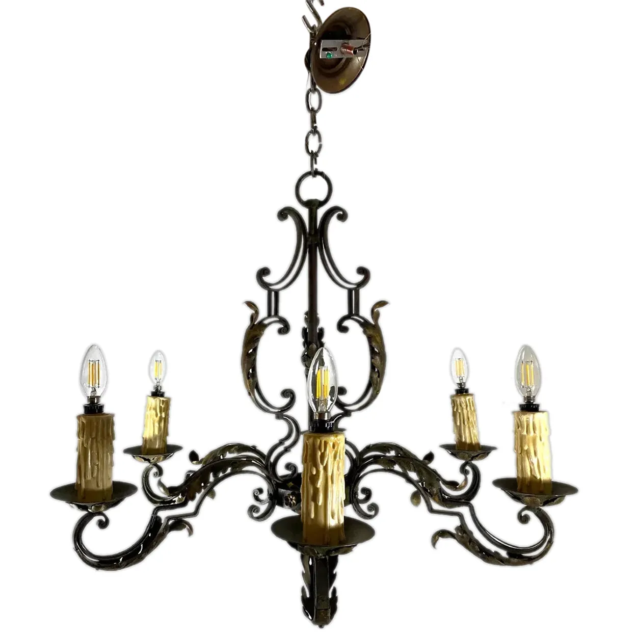 French Green Wrought Iron Six-Light Chandelier