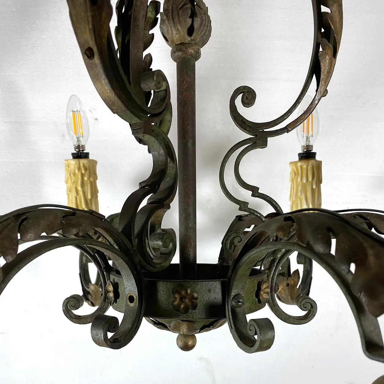 French Green Wrought Iron Six-Light Chandelier