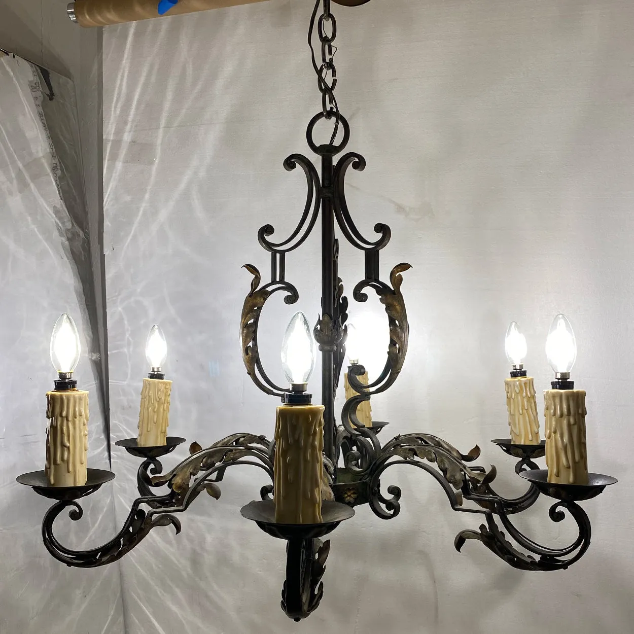 French Green Wrought Iron Six-Light Chandelier