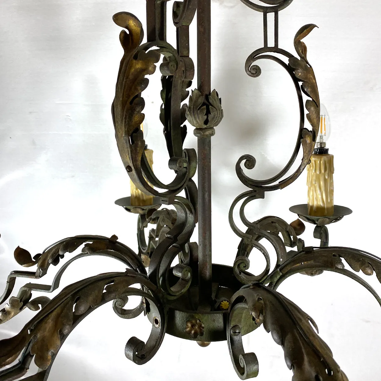 French Green Wrought Iron Six-Light Chandelier