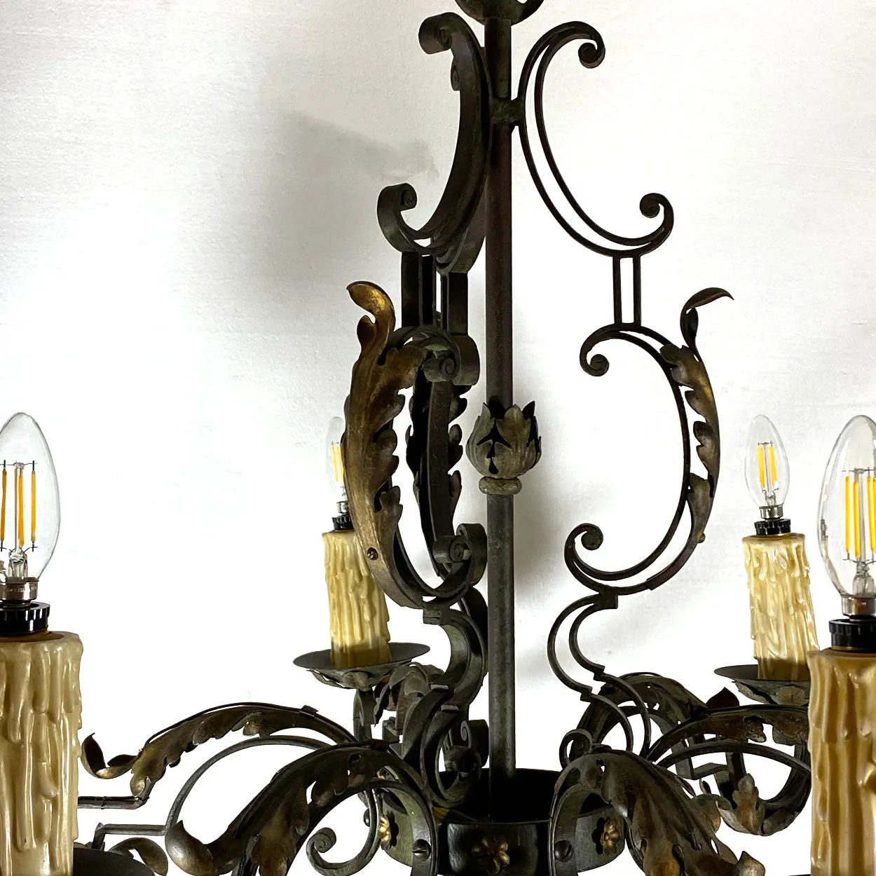 French Green Wrought Iron Six-Light Chandelier