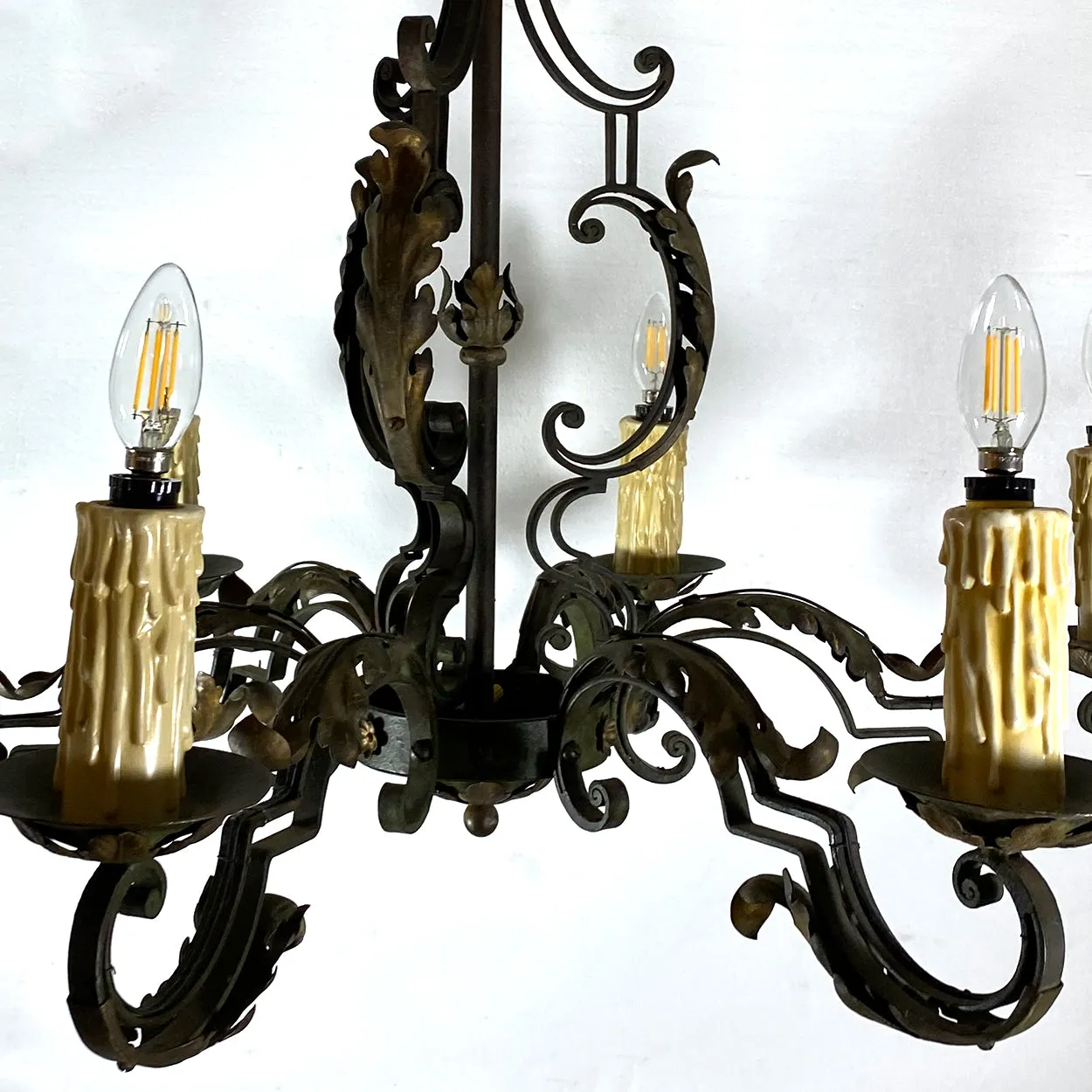 French Green Wrought Iron Six-Light Chandelier