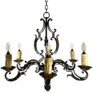 French Green Wrought Iron Six-Light Chandelier