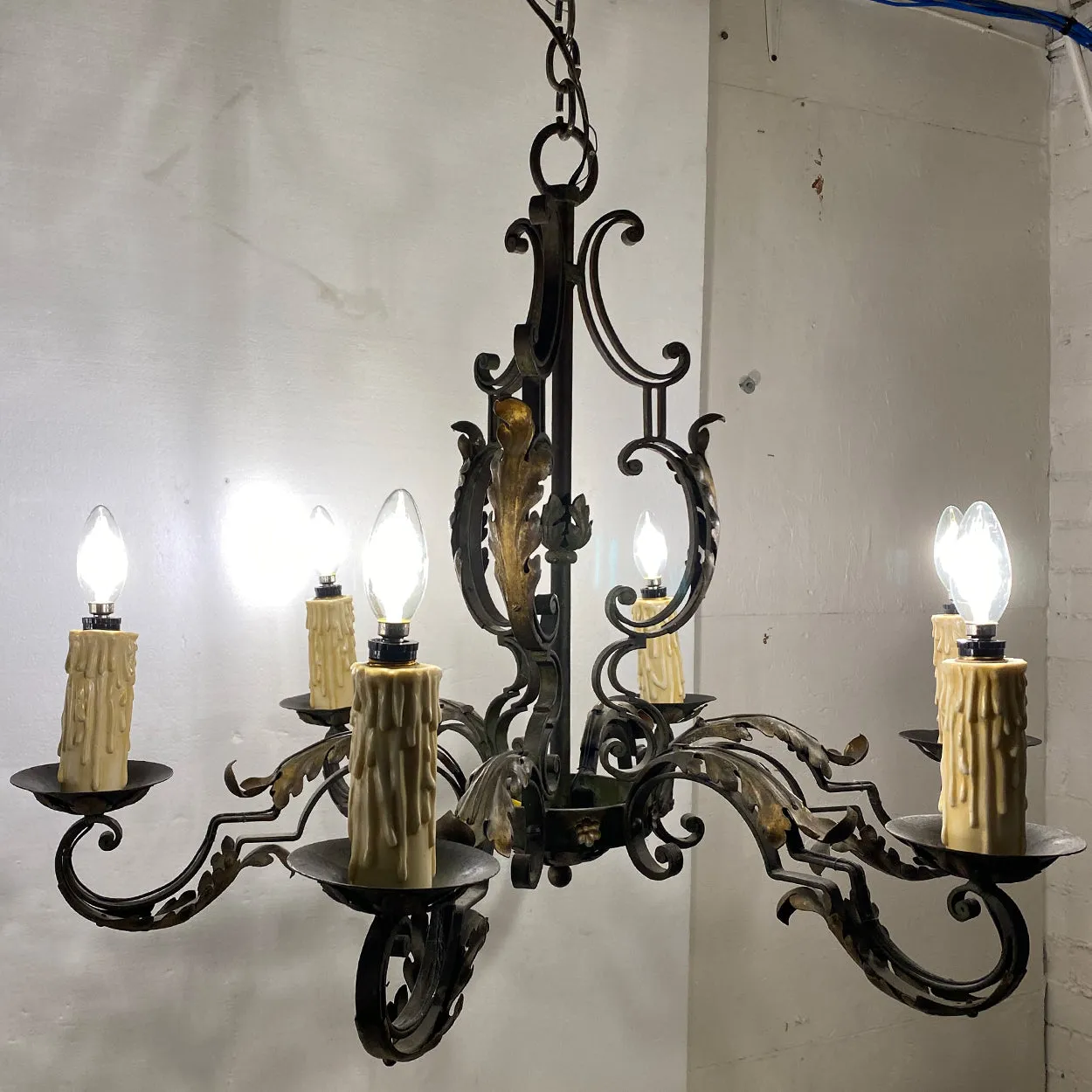French Green Wrought Iron Six-Light Chandelier