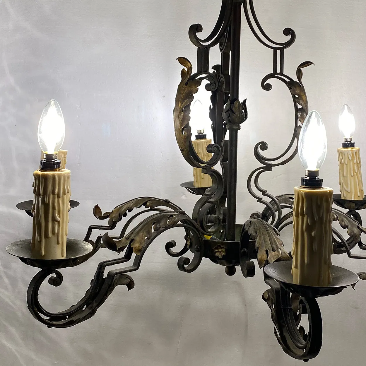 French Green Wrought Iron Six-Light Chandelier