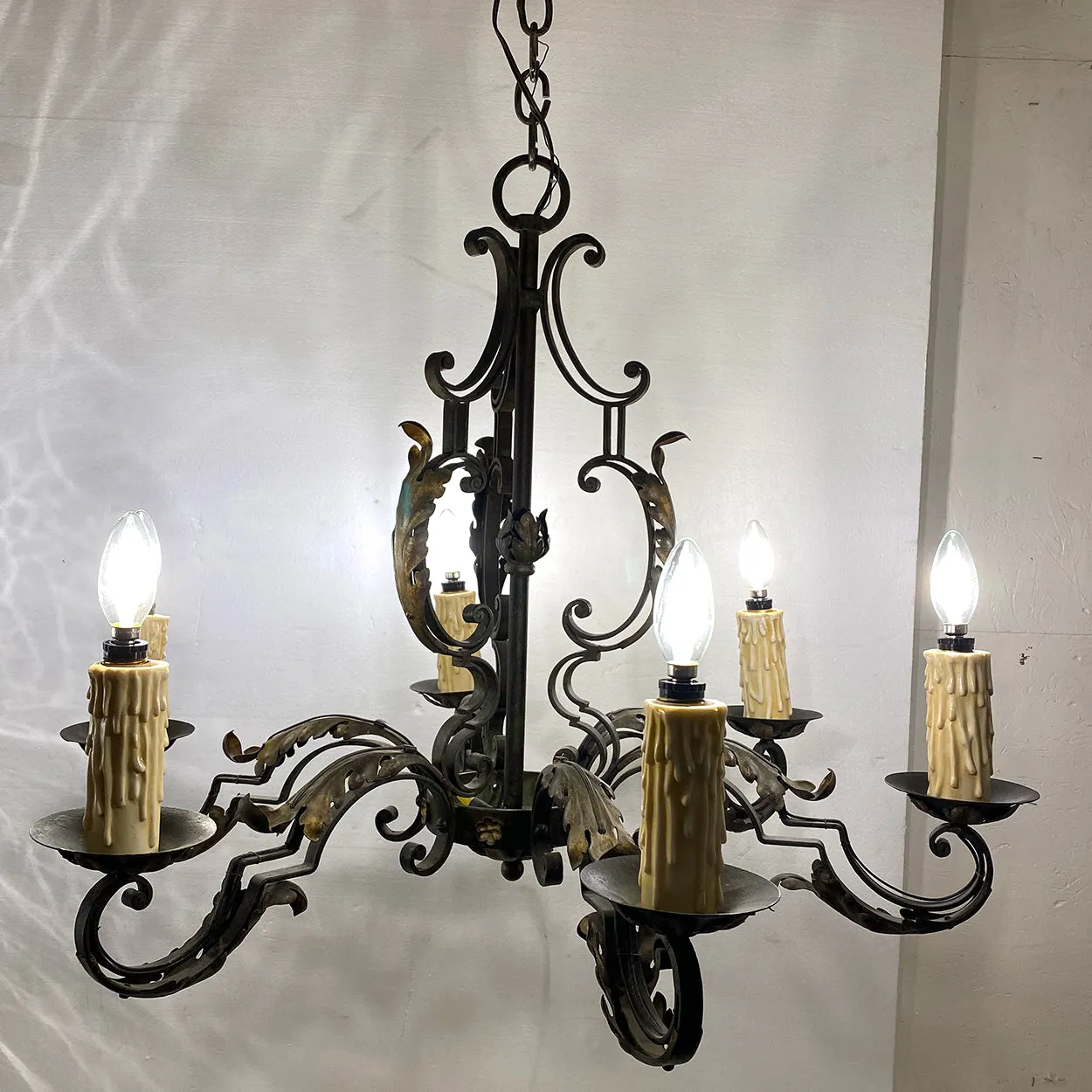 French Green Wrought Iron Six-Light Chandelier