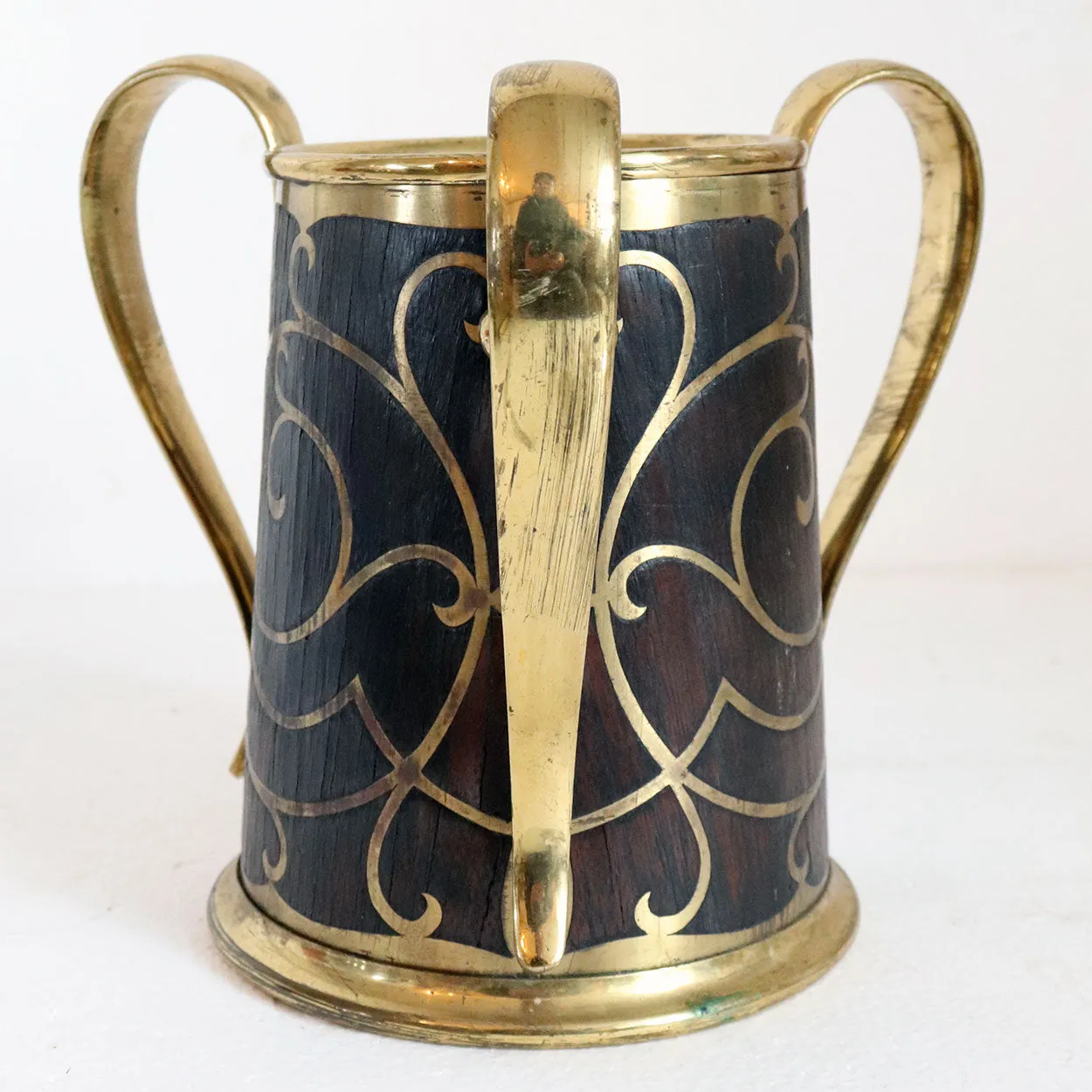 German Art Nouveau Erhard & Sohne Brass and Oak Intarsia Loving Cup