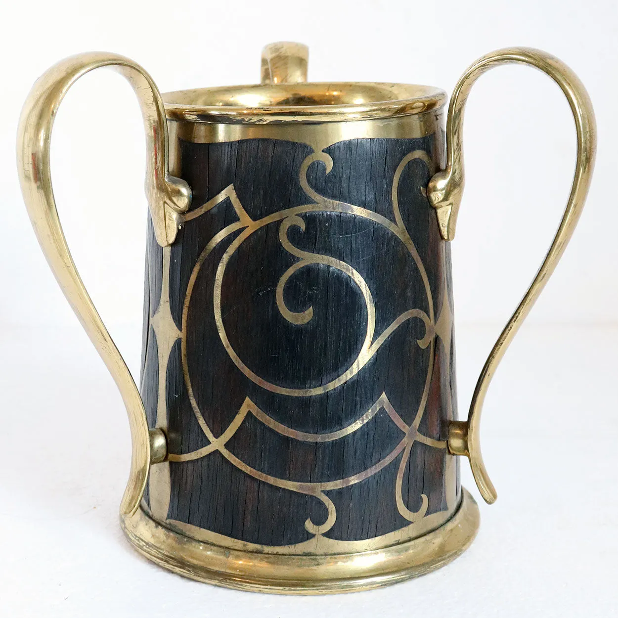 German Art Nouveau Erhard & Sohne Brass and Oak Intarsia Loving Cup