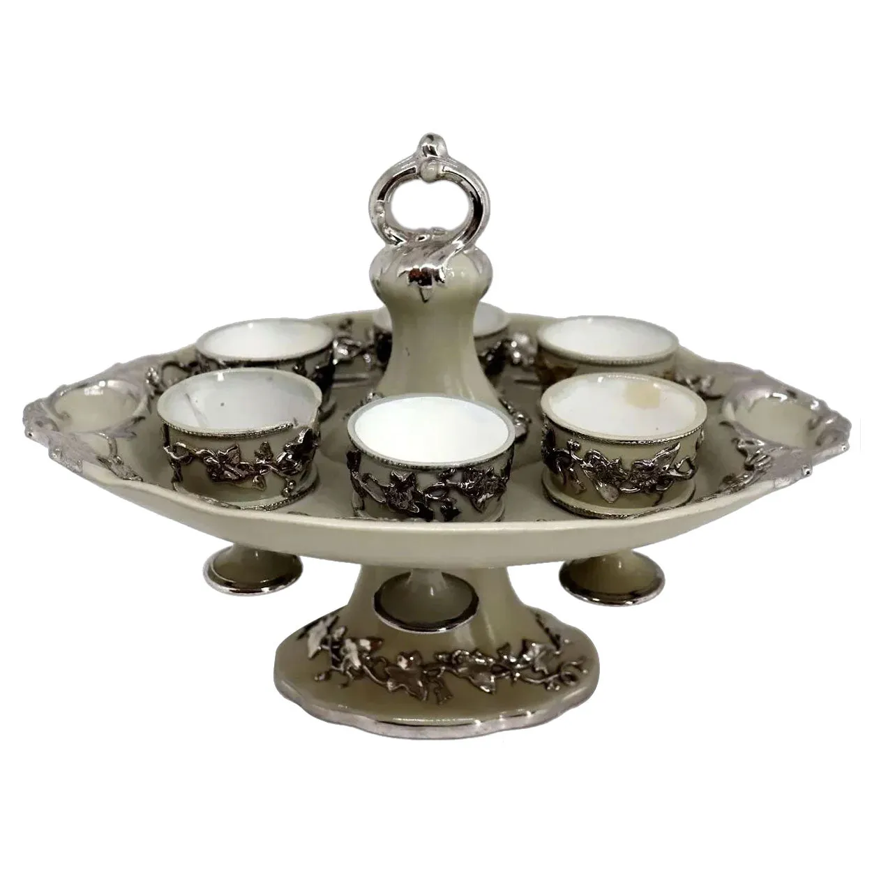 German Villeroy & Boch Silver Luster Ironstone Pottery 6-Cup Egg Cruet Stand