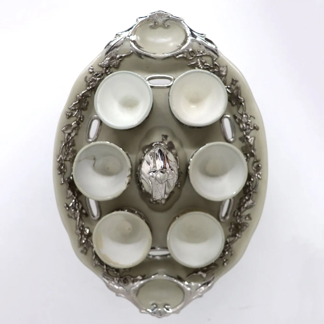German Villeroy & Boch Silver Luster Ironstone Pottery 6-Cup Egg Cruet Stand