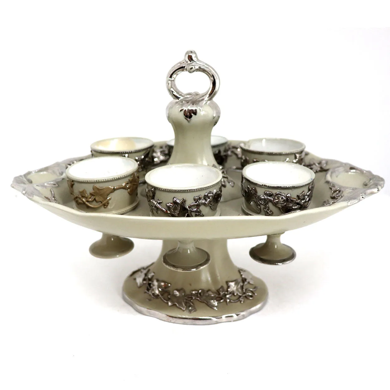 German Villeroy & Boch Silver Luster Ironstone Pottery 6-Cup Egg Cruet Stand