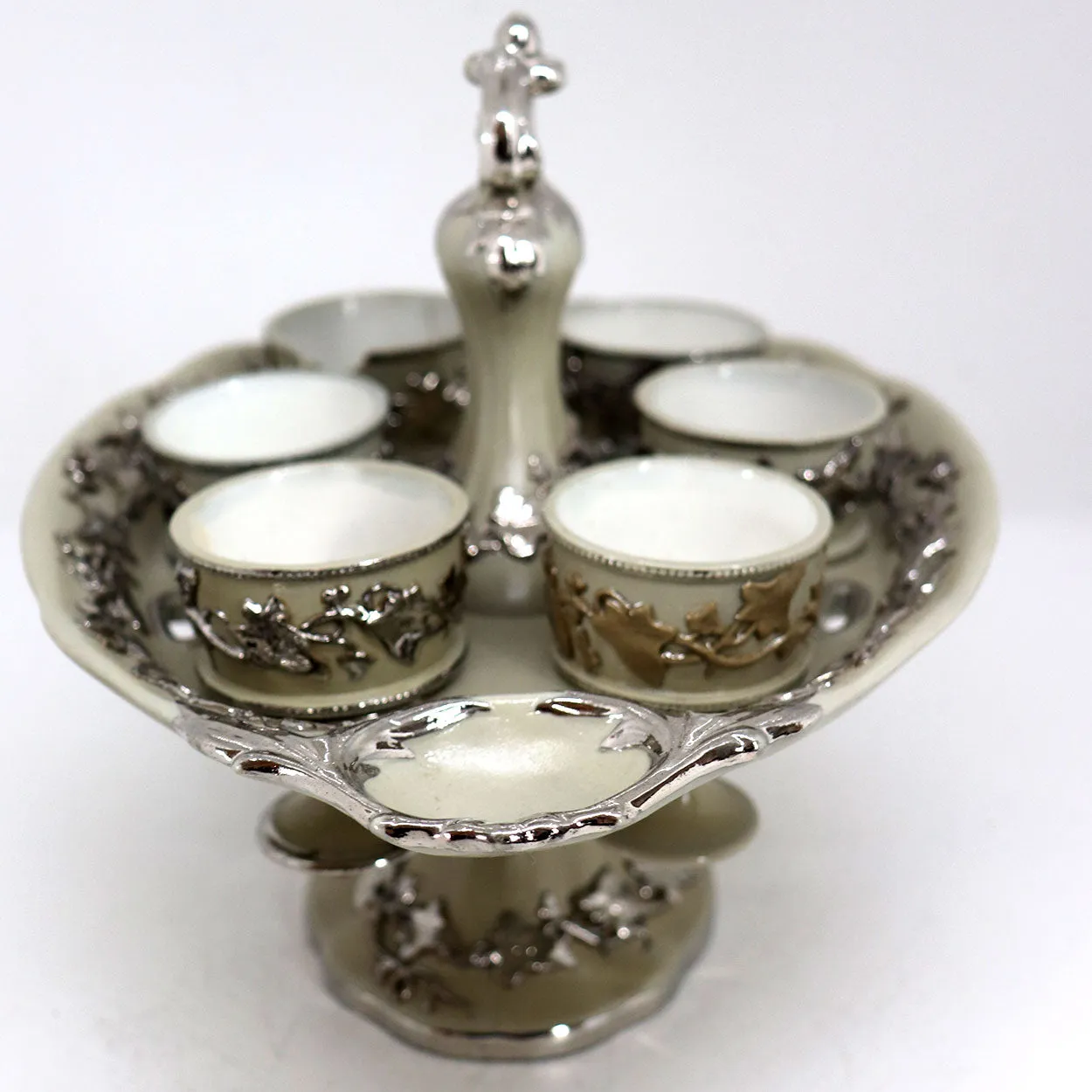 German Villeroy & Boch Silver Luster Ironstone Pottery 6-Cup Egg Cruet Stand