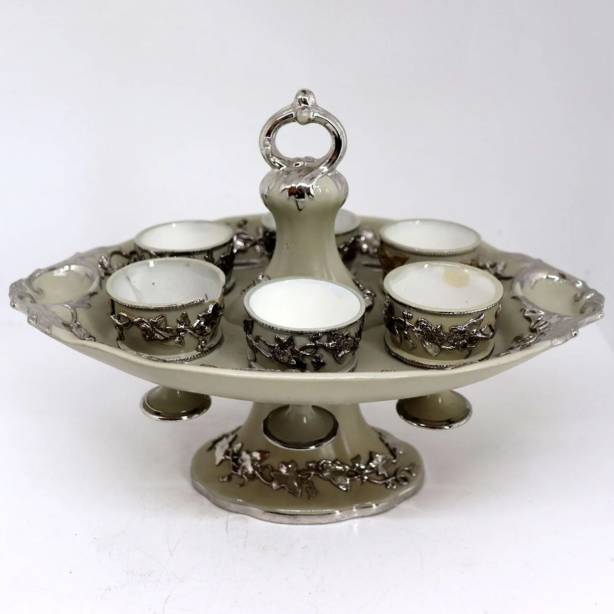 German Villeroy & Boch Silver Luster Ironstone Pottery 6-Cup Egg Cruet Stand